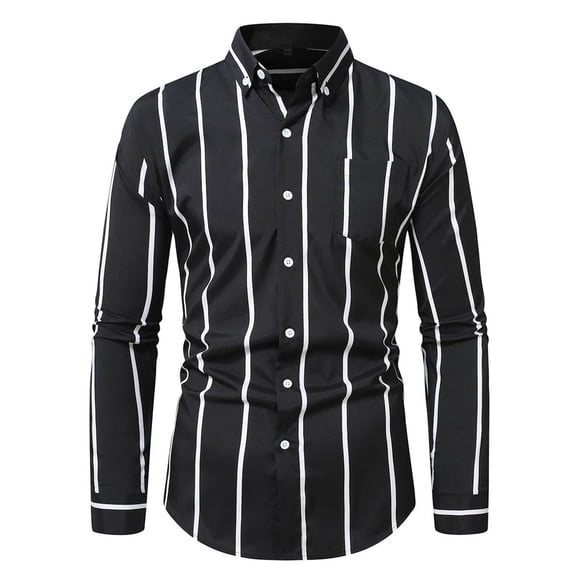 ZCFZJW Men's Casual Long Sleeve Vertical Striped Button Down Dress Shirt Trendy Basic Work Business T-Shirt Tops with Pockets Black M