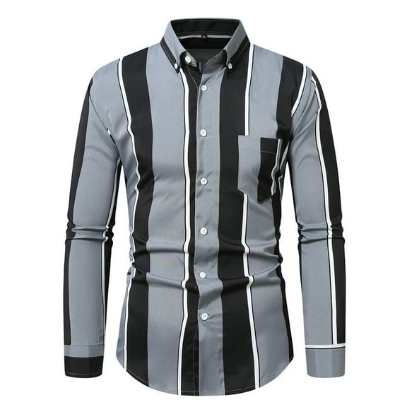 ZCFZJW Men's Casual Long Sleeve Vertical Striped Button Down Dress Shirt Trendy Basic Work Business T-Shirt Tops with Pockets Dark Gray XL