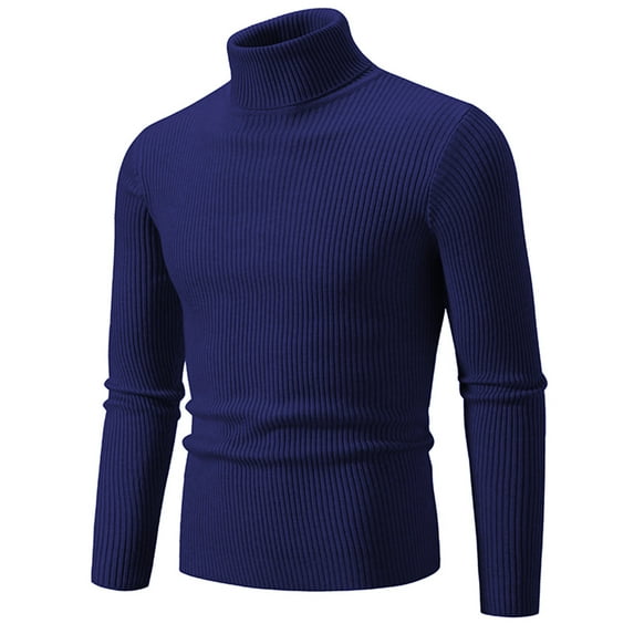 ZCFZJW Men's Casual Mock Neck Sweater Tops Fall Winter Thermal Long Sleeve Slim Fit Ribbed Striped Knitted Turtleneck Pullover Sweaters Navy M