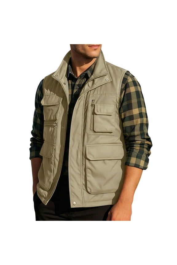Men's Casual Outdoor Work Vest Big and Tall Regular Fit Casual Safari Fishing Shooting Vests Lightweight Travel Cargo Jacket with Multi Pockets Khaki L
