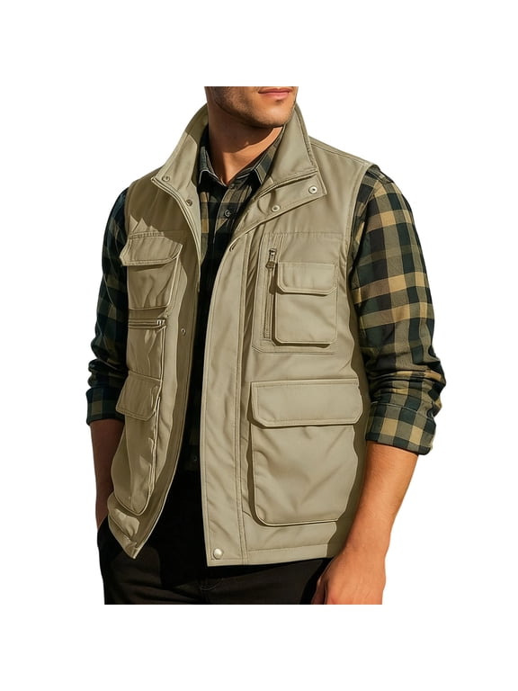 Men's Casual Outdoor Work Vest Big and Tall Regular Fit Casual Safari Fishing Shooting Vests Lightweight Travel Cargo Jacket with Multi Pockets Khaki XXXL
