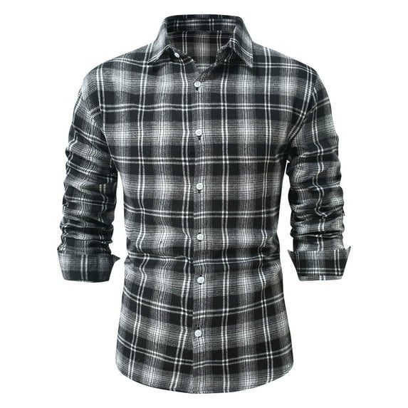 ZCFZJW Men's Casual Plaid Dress Shirt Button Down Shirts Checkered Printed Long-Sleeve Lapel Collared Work Business T-Shirt Tops Black S
