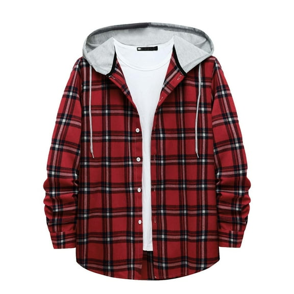 ZCFZJW Men's Casual Plaid Flannel Jacket with Hoodie Lightweight Fall Winter Long Sleeve Button Down Plaid Flannel Hooded Shirt Red XXL