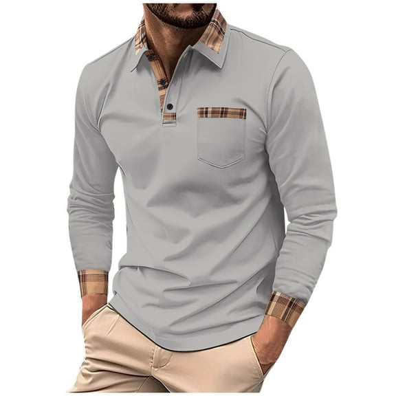 ZCFZJW Men's Casual Polo Shirt Long Sleeve Classic Plaid Patchwork Quarter Button up Athletic Workout Pullover Tops Lapel Collar Tees with Pockets L