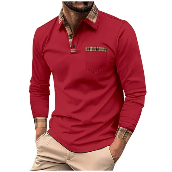 ZCFZJW Men's Casual Polo Shirt Long Sleeve Classic Plaid Patchwork Quarter Button up Athletic Workout Pullover Tops Lapel Collar Tees with Pockets L