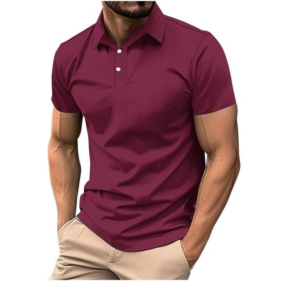 ZCFZJW Men's Casual Polo Shirts Classic Button Basic Short Sleeve Henley Shirt Regular Fit Solid Color Cotton Tees Golf Stylish Workout Tees Tops Wine L