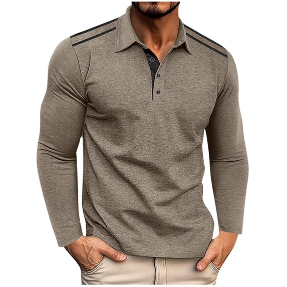 ZCFZJW Men's Casual Polo Shirts Classic Long Sleeve Basic Quarter Button T-Shirt Lightweight Soft Cotton Golf Athletic Tees Tops with Pocket Khaki L