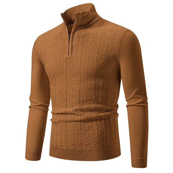 ZCFZJW Men's Casual Pullover Sweaters Trendy Solid Color Long Sleeve Twist Cable Knitted 1/4 Zip Up Mock Neck Long Sleeve Tops Sweater Gold L