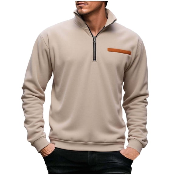 ZCFZJW Men's Casual Quarter Zip Sweatshirt Lightweight Fall Winter Regular Fit Cotton Loose Fit Pullover Stylish Casual Polo Shirts with Pocket Khaki S