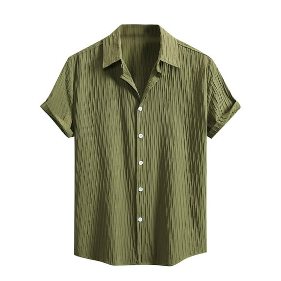 ZCFZJW Men's Casual Solid Color Button Down Shirts Short Sleeve Textured Summer Beach Collared T-Shirt Lightweight Cozy Tops Green M