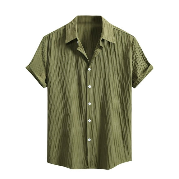 ZCFZJW Men's Casual Solid Color Button Down Shirts Short Sleeve Textured Summer Beach Collared T-Shirt Lightweight Cozy Tops Green S