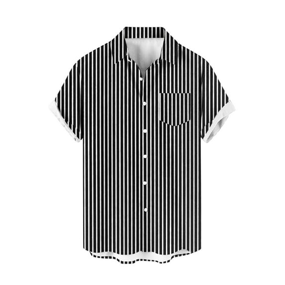 ZCFZJW Men's Casual Striped Button Down Shirts Short Sleeve Soft Cotton Summer Beach Hawaiian Shirt Loose Regular Fit Beach Vacation Tees Tops with Pockets Black L