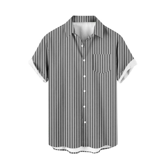 ZCFZJW Men's Casual Striped Button Down Shirts Short Sleeve Soft Cotton Summer Beach Hawaiian Shirt Loose Regular Fit Beach Vacation Tees Tops with Pockets Dark Gray L