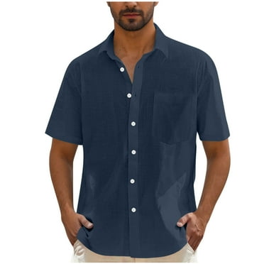 ZCFZJW Men's Casual Stylish Short Sleeve Button-Up Striped Dress Shirts Regular Fit Summer Cotton Beach Hawaiian Shirt with Pockets Dark Blue XXL