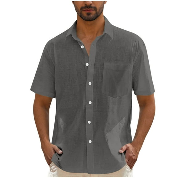 ZCFZJW Men's Casual Stylish Short Sleeve Button-Up Striped Dress Shirts Regular Fit Summer Cotton Beach Hawaiian Shirt with Pockets Dark Gray S