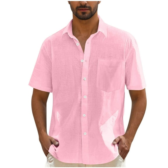 ZCFZJW Men's Casual Stylish Short Sleeve Button-Up Striped Dress Shirts Regular Fit Summer Cotton Beach Hawaiian Shirt with Pockets Pink M