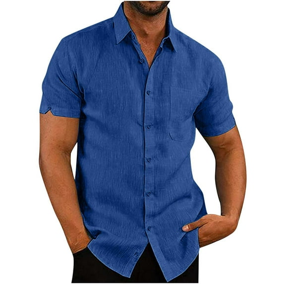 ZCFZJW Men's Casual Summer Button Down Linen Shirts Regular Fit Short Sleeve Cotton Beach Tops with Pocket Trendy Solid Color Hawaiian Shirts Leisure T-Shirts Blue L