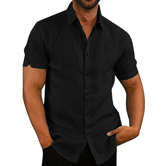 ZCFZJW Men's Casual Summer Button Down Linen Shirts Regular Fit Short Sleeve Cotton Beach Tops with Pocket Trendy Solid Color Hawaiian Shirts Leisure T-Shirts Black XL
