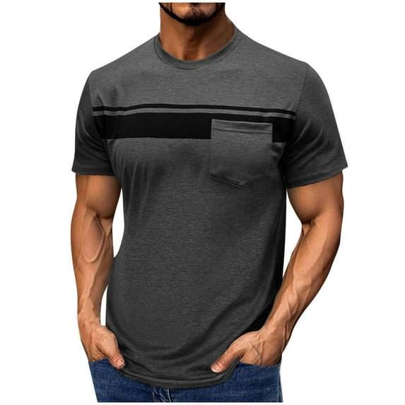 ZCFZJW Men's Casual T-Shirt Short Sleeve Regular Fit Crewneck Basic Tee Striped Color Block Graphic Workout Tshirt Tops with Pocket Dark Gray S