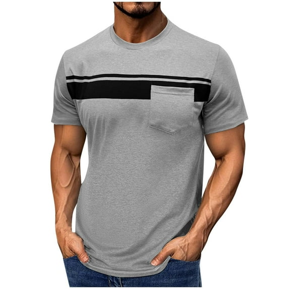 ZCFZJW Men's Casual T-Shirt Short Sleeve Regular Fit Crewneck Basic Tee Striped Color Block Graphic Workout Tshirt Tops with Pocket Gray L