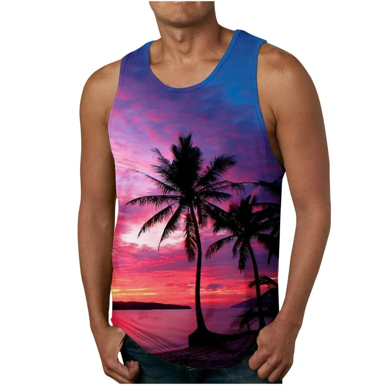 ZCFZJW Men's Casual Tank Tops Summer Tropical Sunset Palm Tree Print  Sleeveless Muscle Vacation Tees Regular Fit Quick Dry Workout Tshirt Tops  Purple