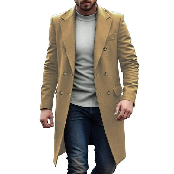 ZCFZJW Men's Casual Trench Coat Slim Fit Notched Collar Long Jacket Overcoat Double Breasted Thick Warm Long Sleeve Open Front Pea Coat wih Pockets Khaki L
