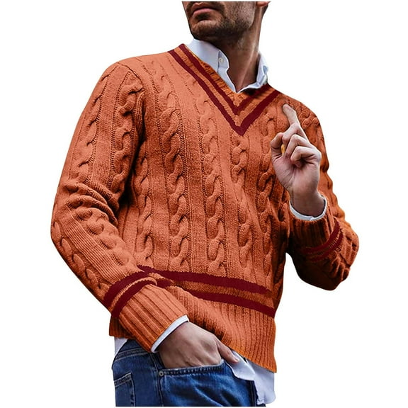 ZCFZJW Men's Casual V Neck Contrast Stripes Cable Knit Pullover Sweater Tops Trendy Fall Winter Long Sleeve Graphic Jumper Tops Orange XL