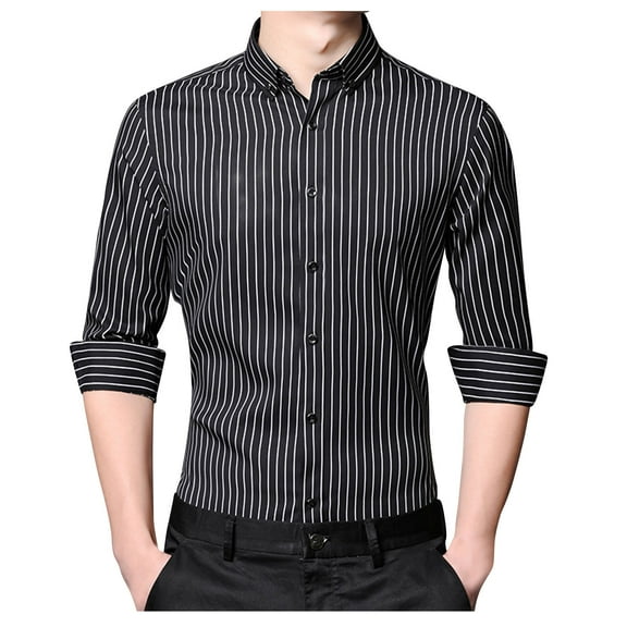 ZCFZJW Men's Casual Vertical Striped Dress Shirt Fall Stretchy Long Sleeve Regular Fit Button up Business Work Shirts Tops Black XL