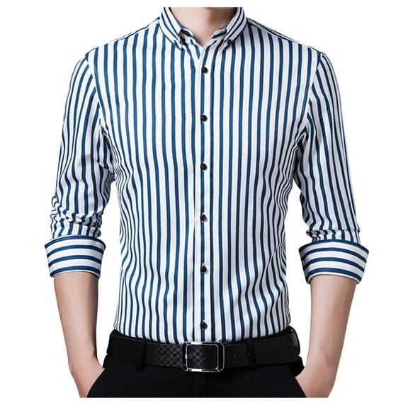 ZCFZJW Men's Casual Vertical Striped Dress Shirt Fall Stretchy Long Sleeve Regular Fit Button up Business Work Shirts Tops Light Blue XL