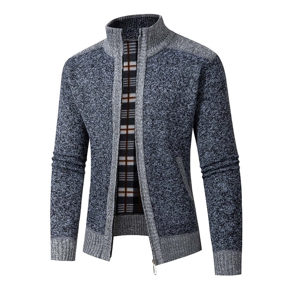 ZCFZJW Men's Classic Cardigan Sweaters Stand Collar Slim Fit Casual Full Zip up Long Sleeve Plaid Patchwork Knitted Sweater Outwear Jackets Tops with Pockets Dark Gray XL
