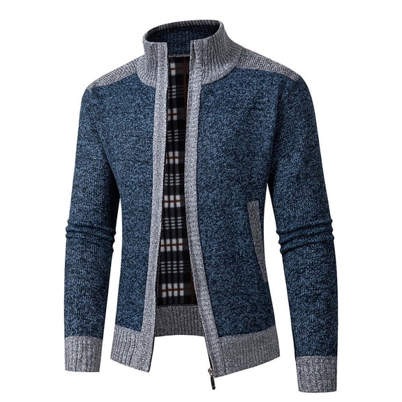 ZCFZJW Men's Classic Cardigan Sweaters Stand Collar Slim Fit Casual Full Zip up Long Sleeve Plaid Patchwork Knitted Sweater Outwear Jackets Tops with Pockets Navy XL