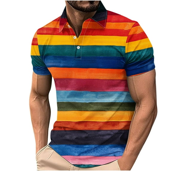 ZCFZJW Men's Classic Fit 100% Cotton Soft Short Sleeve Colorful Stripe Print Polo Shirt Big and Tall Regular Fit Casual Button up V Neck Henley Shirts Tops Multicolor#05 S