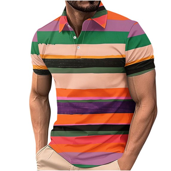 ZCFZJW Men's Classic Fit 100% Cotton Soft Short Sleeve Colorful Stripe Print Polo Shirt Big and Tall Regular Fit Casual Button up V Neck Henley Shirts Tops Multicolor#11 XXXL