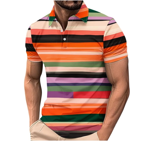 ZCFZJW Men's Classic Fit 100% Cotton Soft Short Sleeve Colorful Stripe Print Polo Shirt Big and Tall Regular Fit Casual Button up V Neck Henley Shirts Tops Multicolor#08 L