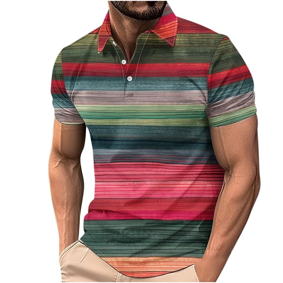 ZCFZJW Men's Classic Fit 100% Cotton Soft Short Sleeve Colorful Stripe Print Polo Shirt Big and Tall Regular Fit Casual Button up V Neck Henley Shirts Tops Multicolor#14 L