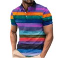 thumbnail image 1 of ZCFZJW Men's Classic Fit 100% Cotton Soft Short Sleeve Colorful Stripe Print Polo Shirt Big and Tall Regular Fit Casual Button up V Neck Henley Shirts Tops Multicolor#10 XXXXL, 1 of 5