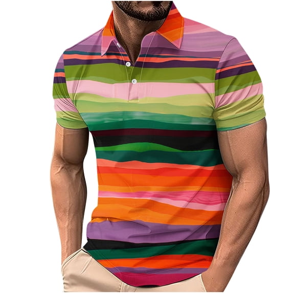 ZCFZJW Men's Classic Fit 100% Cotton Soft Short Sleeve Colorful Stripe Print Polo Shirt Big and Tall Regular Fit Casual Button up V Neck Henley Shirts Tops Multicolor#07 XXXXL