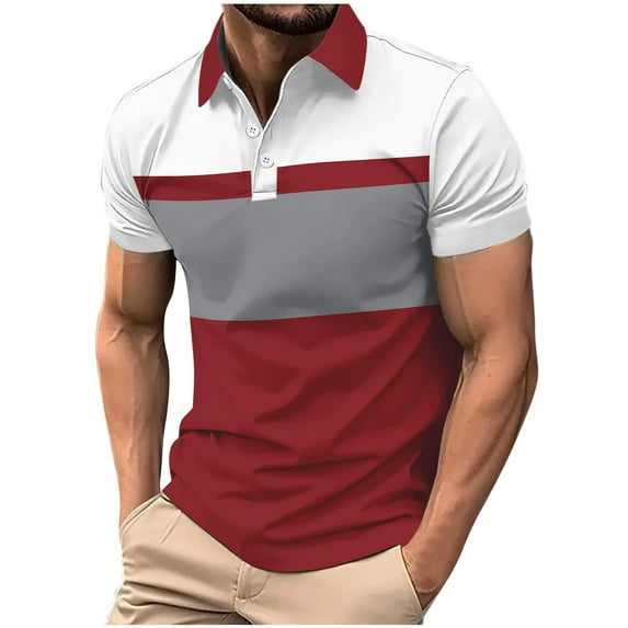 ZCFZJW Men's Collared Athletic T-Shirts Short Sleeve Business Casual Work Tees Shirt Lightweight Regular Fit Color Block Golf Tennis Summer Tops Red S