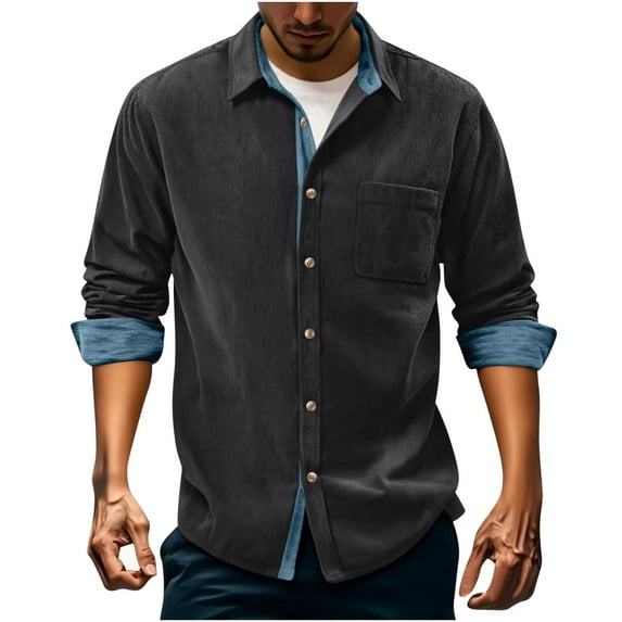 ZCFZJW Men's Corduroy Button Down Shirt Color Block Long Sleeve Casual Collared Wrinkle Free Classic Fit Untucked Shirts with Pocket Dark Gray XXL