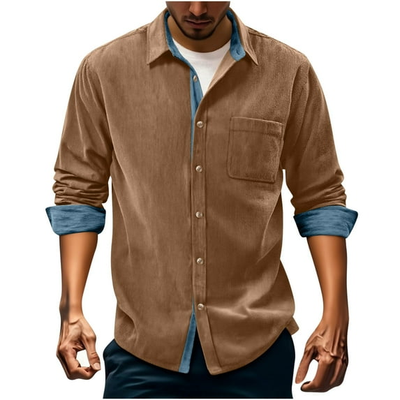 ZCFZJW Men's Corduroy Button Down Shirt Color Block Long Sleeve Casual Collared Wrinkle Free Classic Fit Untucked Shirts with Pocket Khaki L