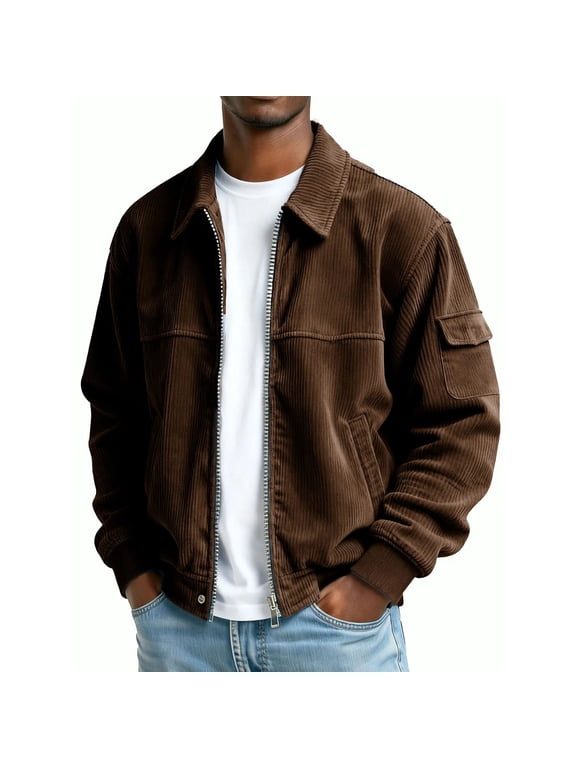Men's Corduroy Cotton Jacket Vintage Long Sleeve Full Zip up Casual Western Shacket Fashion 2025 Patchwork Collared Coats with Multi-Pockets Brown M