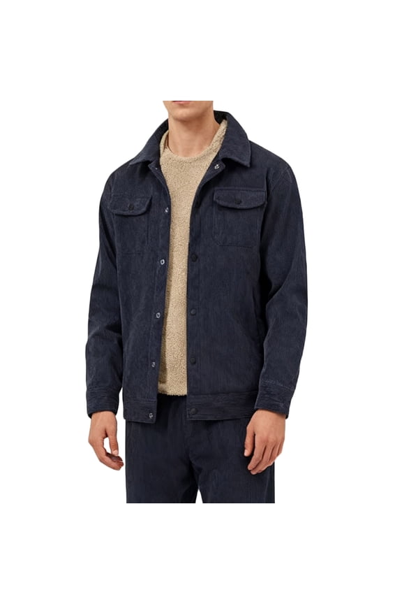 Men's Corduroy Jacket Big and Tall Regular Fit Plsuh Thick Fleece Sherpa Lined Winter Coat Warm Trucker Work Casual Cargo Jackets with Pockets Navy S