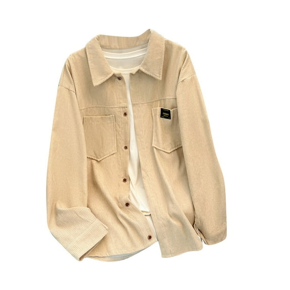 ZCFZJW Men's Corduroy Jackets Button Up Shirt Long Sleeve Solid Color Shacket Lightweight Shirt Jacket with Double Chest Pockets Beige XXL