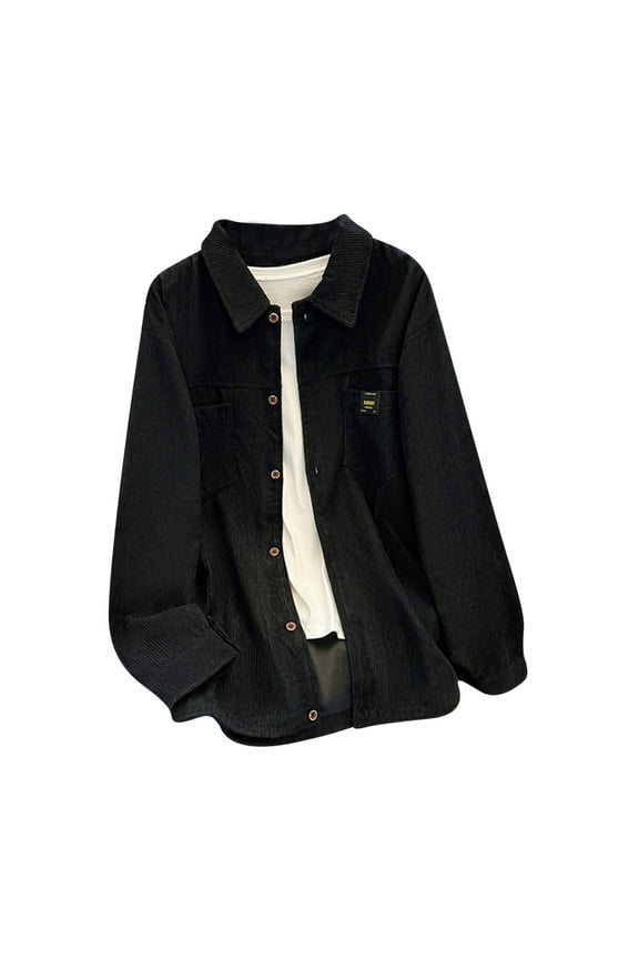 Men's Corduroy Jackets Button Up Shirt Long Sleeve Solid Color Shacket Lightweight Shirt Jacket with Double Chest Pockets Black M