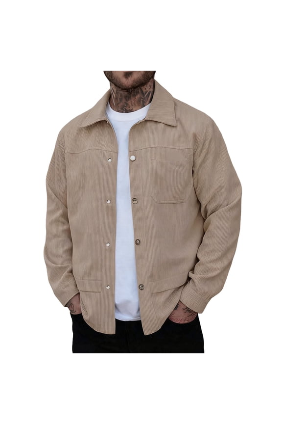 Men's Corduroy Shirt Jacket Button Down Long Sleeve Ribbed Shacket Lightweight Fall Spring Fashion Overshirt with Pockets Khaki S