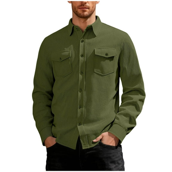 ZCFZJW Men's Corduroy Shirts Casual Western Long Sleeve Button Down Shacket Jackets with 2 Flap Pocket Loose Regular Fit Casual Work Shirt Tops Army Green XL