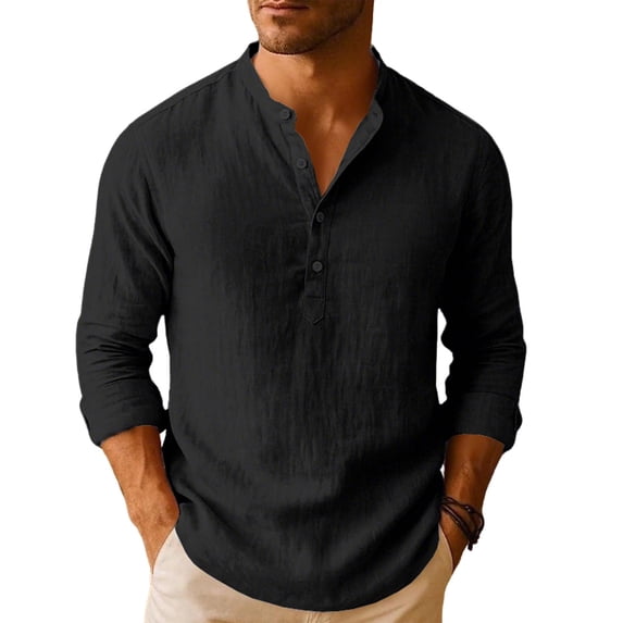 ZCFZJW Men's Cotton Linen Henley T-Shirt Long Sleeve Hippie Casual Beach Shirt Lightweight Breathable Button up V Neck Solid Color Loose Vacation Tees Tops Black L