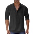 thumbnail image 1 of ZCFZJW Men's Cotton Linen Henley T-Shirts Lightweight Button Roll up Long Sleeve Hippie Casual V Neck Beach T-Shirts with Pockets Black XXL, 1 of 5