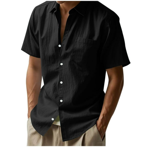 ZCFZJW Men's Cotton Linen Short Sleeve Shirts Lightweight Casual Solid Color Button Down Shirts Vacation Beach Summer Tops with Pocket Black XXL
