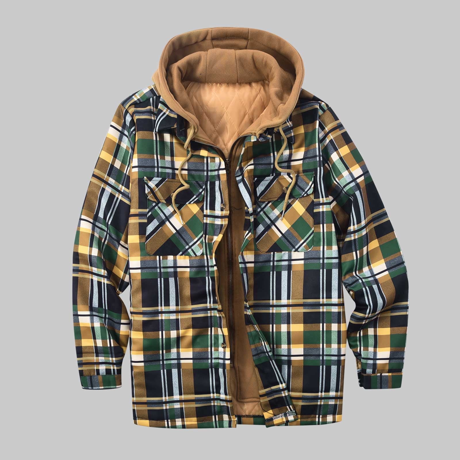 NWQKYZGH Men's Cotton Plaid Shirts Jacket Fleece Lined Flannel Shirts  Sherpa Button Down Jackets With Hood for Men 